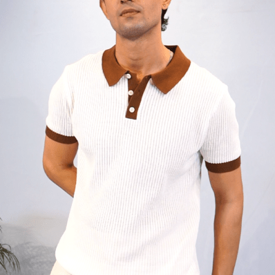 Textured White/Brown Polo Shirt
